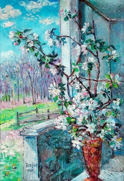  1960 Pintura al %c3%b3leo - rama floreciente en un jarrón 1960 ruso